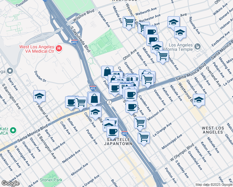 map of restaurants, bars, coffee shops, grocery stores, and more near 1640 South Sepulveda Boulevard in Los Angeles