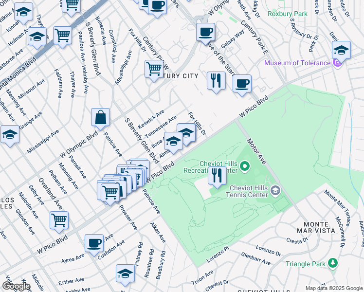 map of restaurants, bars, coffee shops, grocery stores, and more near 2346 Kerwood Avenue in Los Angeles
