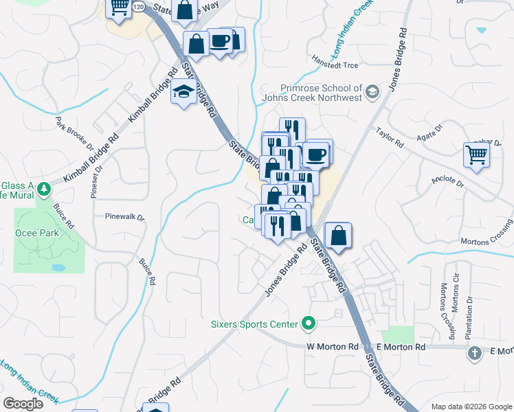 map of restaurants, bars, coffee shops, grocery stores, and more near 4645 Valais Court in Johns Creek