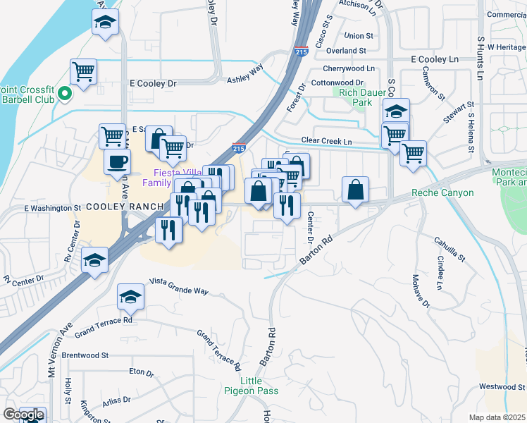 map of restaurants, bars, coffee shops, grocery stores, and more near 1604 East Washington Street in Colton