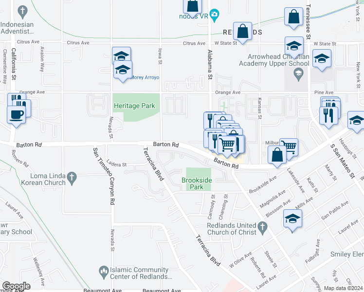 map of restaurants, bars, coffee shops, grocery stores, and more near 27208 Barton Road in Redlands