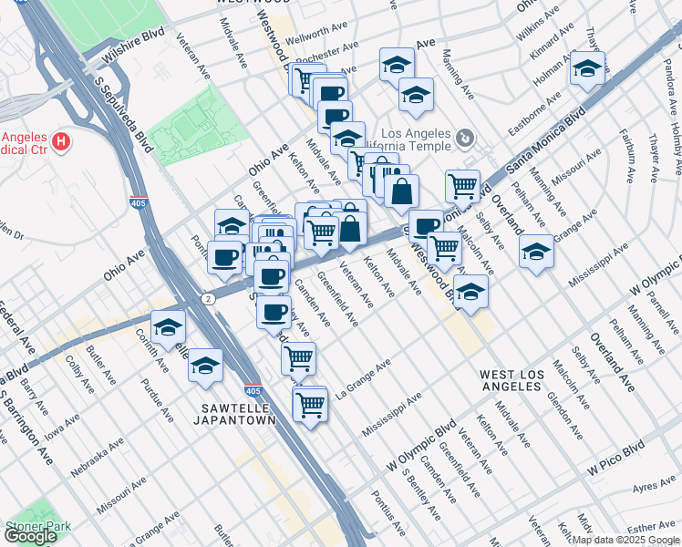 map of restaurants, bars, coffee shops, grocery stores, and more near Veteran Avenue in Los Angeles County
