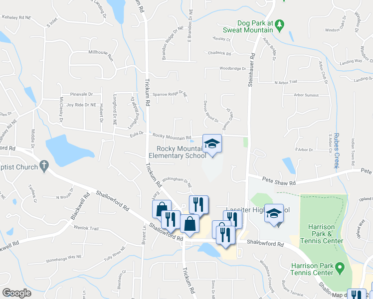 map of restaurants, bars, coffee shops, grocery stores, and more near 4035 Idlewilde Meadows Drive Northeast in Marietta