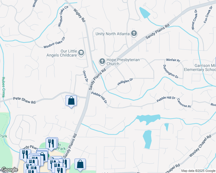 map of restaurants, bars, coffee shops, grocery stores, and more near 3335 Holliglen Drive in Marietta