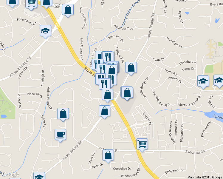 map of restaurants, bars, coffee shops, grocery stores, and more near 10945 State Bridge Road in Johns Creek