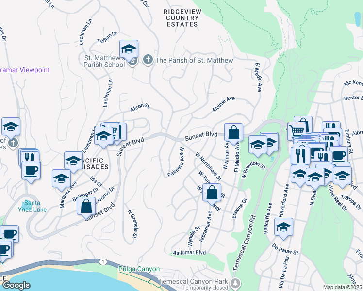 map of restaurants, bars, coffee shops, grocery stores, and more near 16150 West Northfield Street in Los Angeles