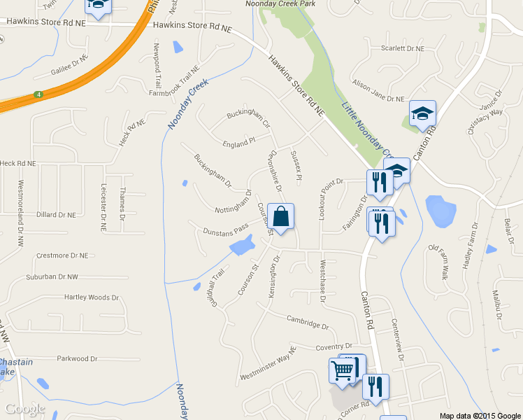 map of restaurants, bars, coffee shops, grocery stores, and more near 3831 Courson St in Marietta