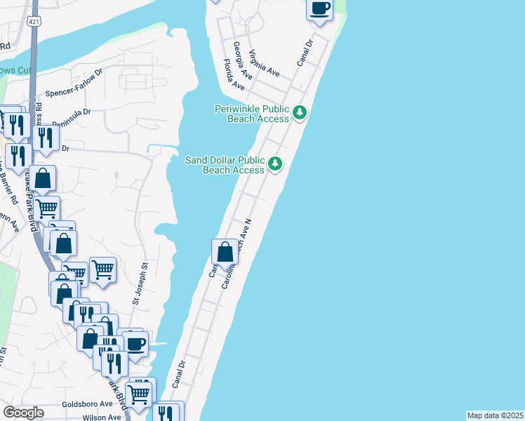 map of restaurants, bars, coffee shops, grocery stores, and more near 1112-2 Carolina Beach Avenue North in Carolina Beach