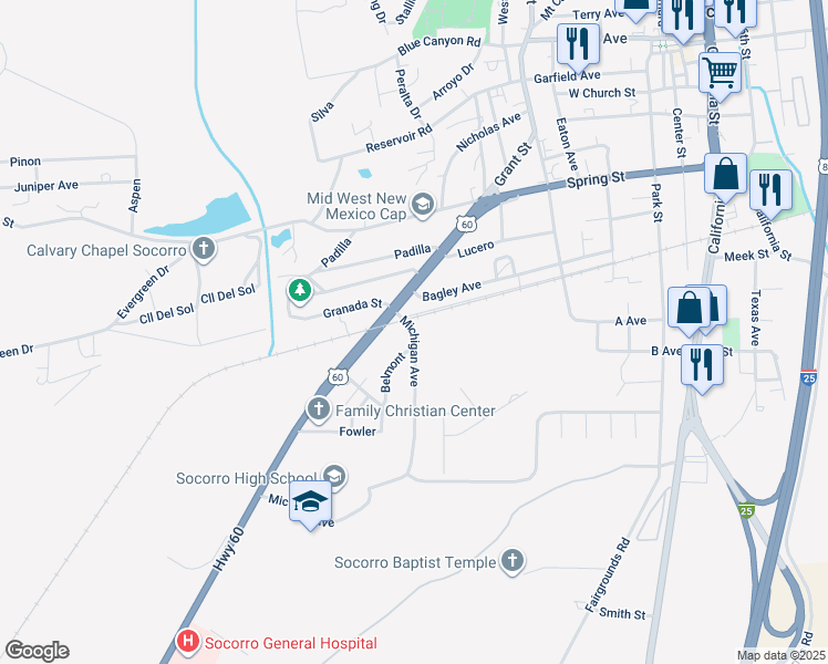 map of restaurants, bars, coffee shops, grocery stores, and more near Michigan Avenue in Socorro