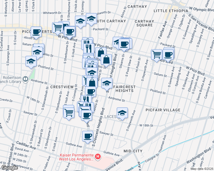 map of restaurants, bars, coffee shops, grocery stores, and more near 1615 South Crescent Heights Boulevard in Los Angeles