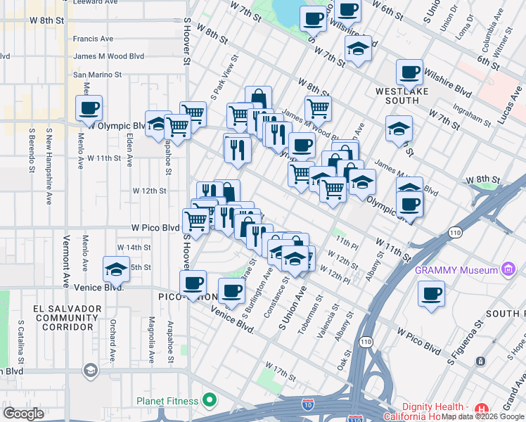 map of restaurants, bars, coffee shops, grocery stores, and more near 1839 West 12th Street in Los Angeles
