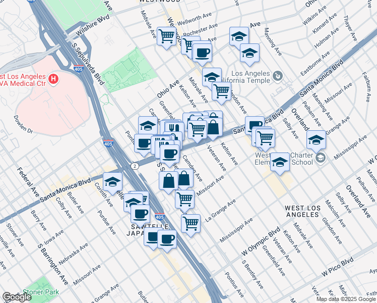 map of restaurants, bars, coffee shops, grocery stores, and more near 11010 Santa Monica Boulevard in Los Angeles