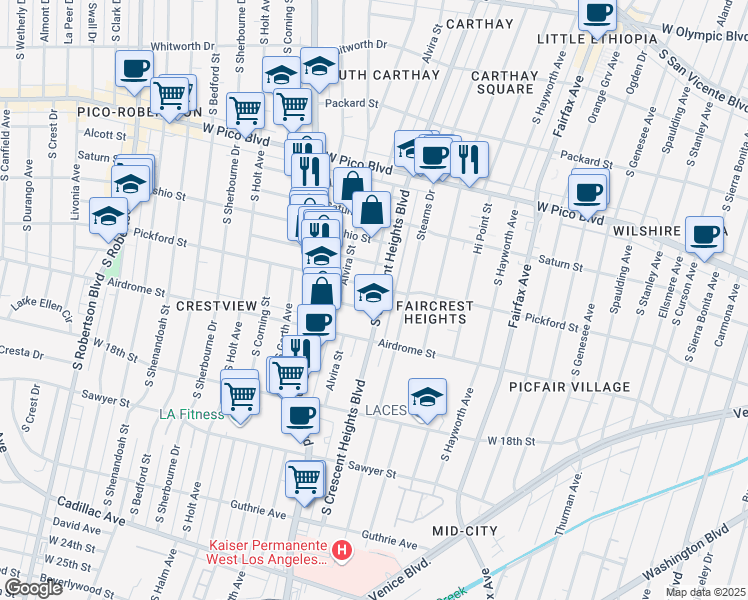 map of restaurants, bars, coffee shops, grocery stores, and more near 1615 South Crescent Heights Boulevard in Los Angeles