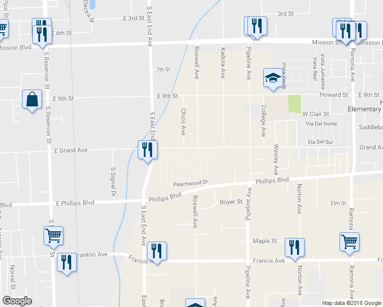 map of restaurants, bars, coffee shops, grocery stores, and more near 3888 Hampton Drive in Pomona