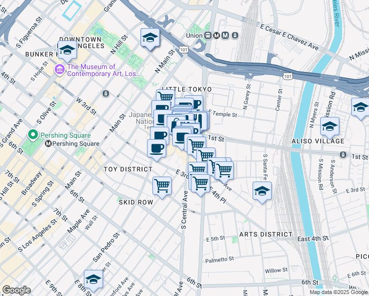 map of restaurants, bars, coffee shops, grocery stores, and more near 121 South Central Avenue in Los Angeles