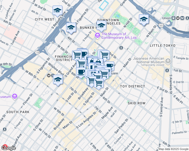 map of restaurants, bars, coffee shops, grocery stores, and more near 215 West 5th Street in Los Angeles