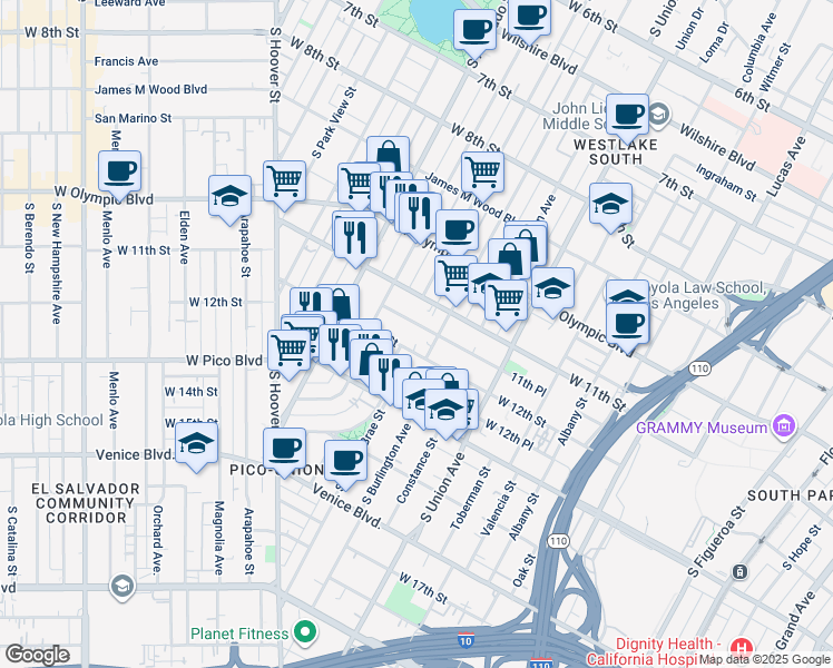 map of restaurants, bars, coffee shops, grocery stores, and more near 1842 West 11th Place in Los Angeles