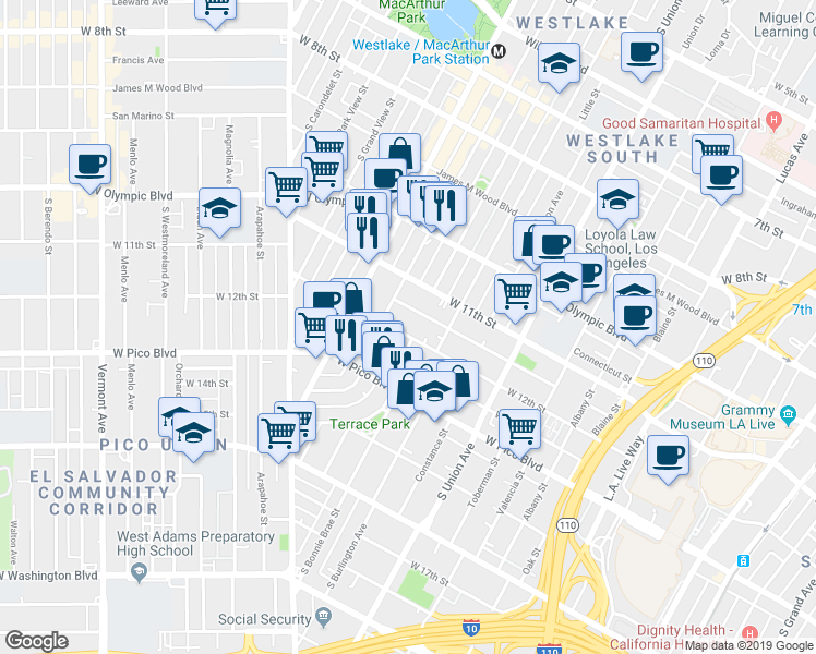 map of restaurants, bars, coffee shops, grocery stores, and more near 1842 West 11th Place in Los Angeles