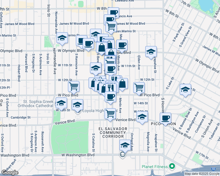 map of restaurants, bars, coffee shops, grocery stores, and more near 1232 Vermont Avenue in Los Angeles