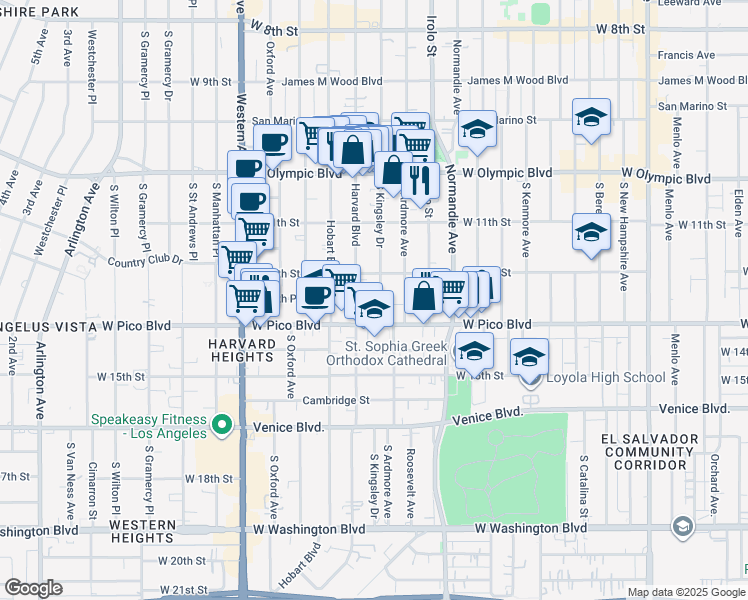 map of restaurants, bars, coffee shops, grocery stores, and more near 1219 South Kingsley Drive in Los Angeles