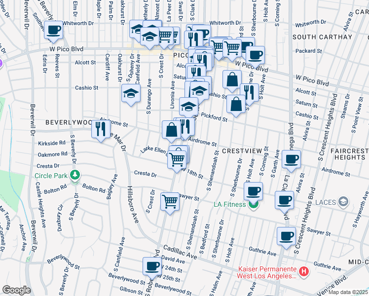 map of restaurants, bars, coffee shops, grocery stores, and more near in Los Angeles