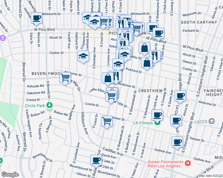 map of restaurants, bars, coffee shops, grocery stores, and more near in Los Angeles