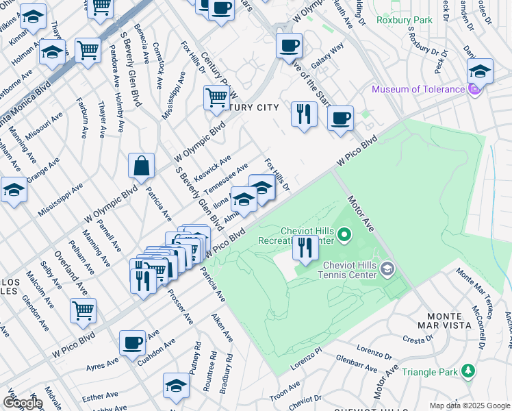 map of restaurants, bars, coffee shops, grocery stores, and more near 2346 Kerwood Avenue in Los Angeles