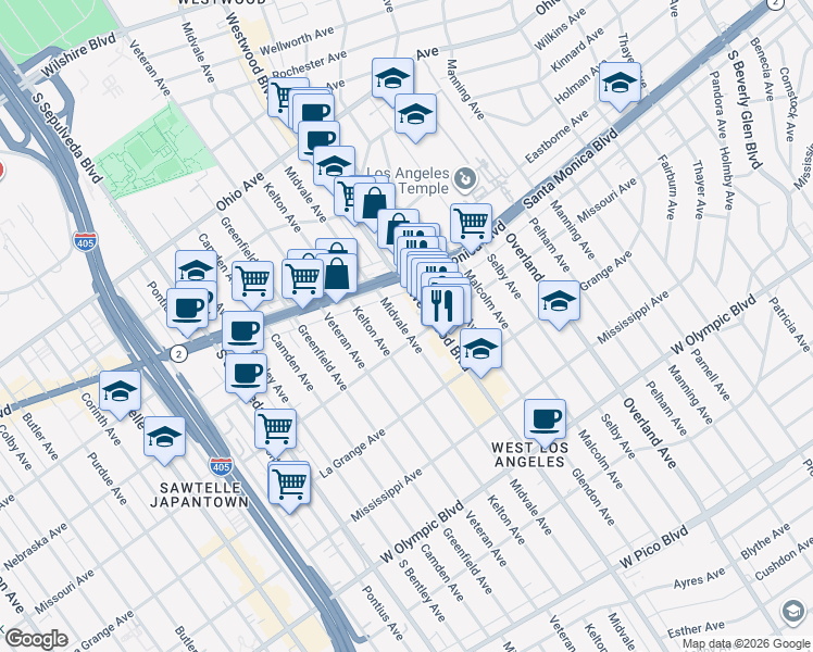 map of restaurants, bars, coffee shops, grocery stores, and more near 1844 Midvale Avenue in Los Angeles