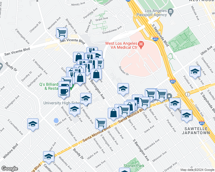 map of restaurants, bars, coffee shops, grocery stores, and more near 1281 Federal Avenue in Los Angeles