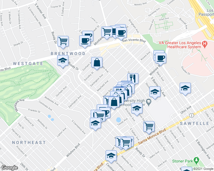 map of restaurants, bars, coffee shops, grocery stores, and more near 11924 Mayfield Avenue in Los Angeles