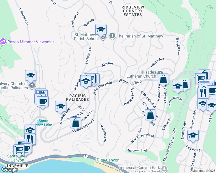 map of restaurants, bars, coffee shops, grocery stores, and more near 16524 Sunset Boulevard in Los Angeles
