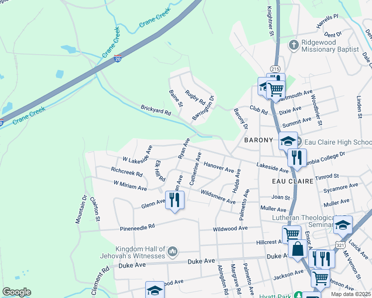 map of restaurants, bars, coffee shops, grocery stores, and more near 101 West Lakeside Avenue in Columbia