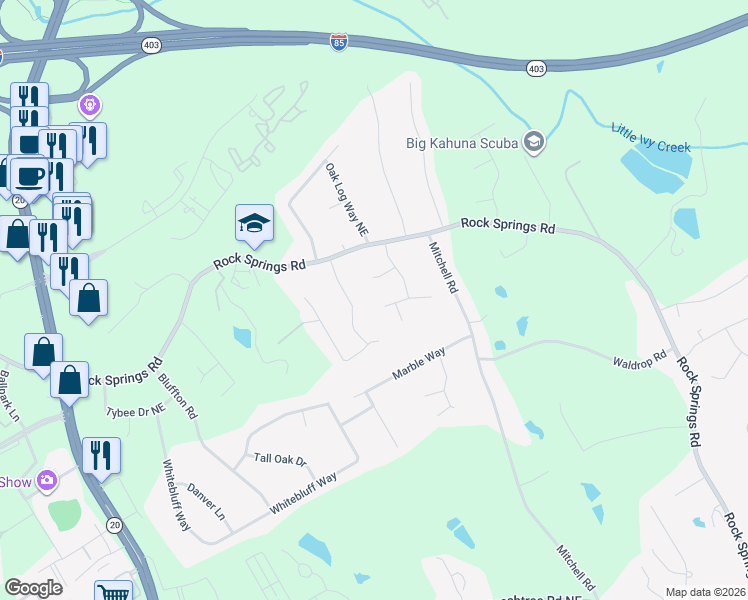 map of restaurants, bars, coffee shops, grocery stores, and more near 1575 Hornet Court in Buford