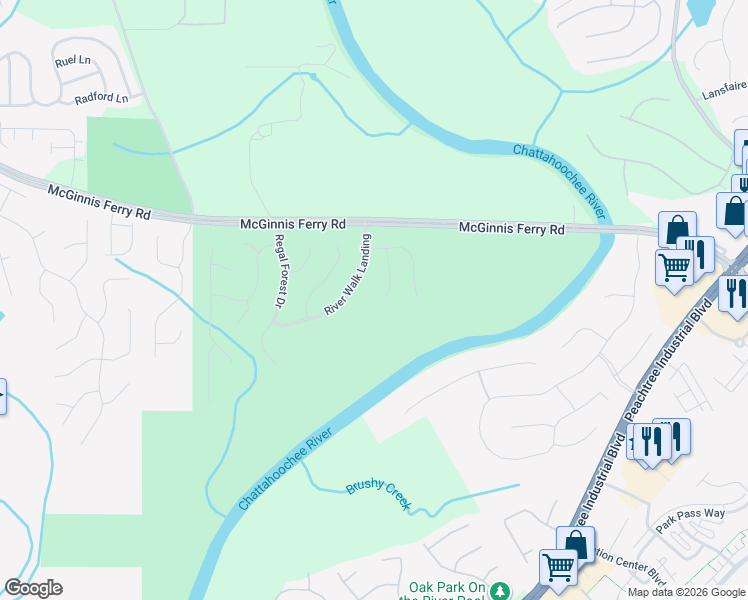 map of restaurants, bars, coffee shops, grocery stores, and more near 8565 River Walk Landing in Suwanee