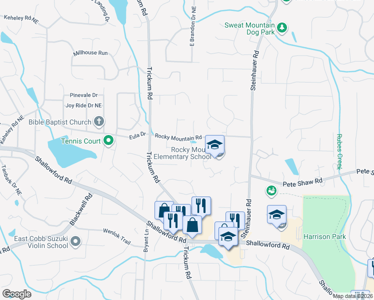 map of restaurants, bars, coffee shops, grocery stores, and more near 4035 Idlewilde Meadows Drive Northeast in Marietta