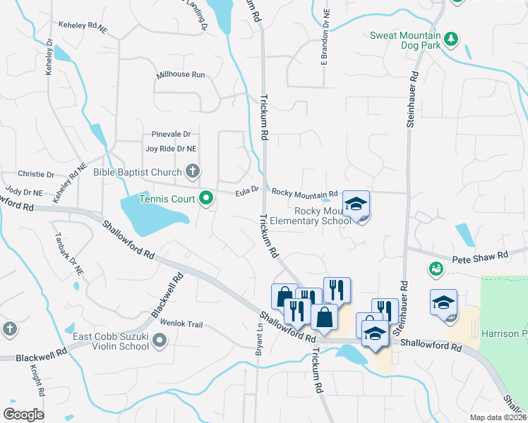 map of restaurants, bars, coffee shops, grocery stores, and more near 4130 Trickum Road in Marietta