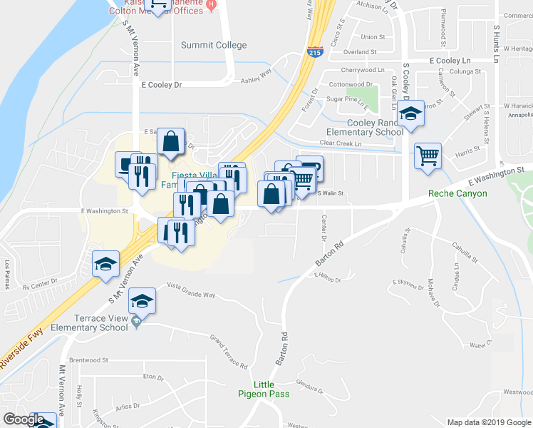 map of restaurants, bars, coffee shops, grocery stores, and more near 1604 East Washington Street in Colton