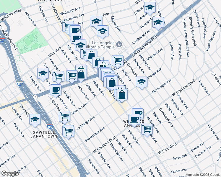 map of restaurants, bars, coffee shops, grocery stores, and more near 1884 Westwood Boulevard in Los Angeles