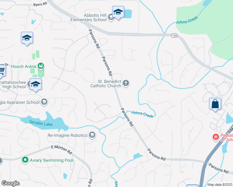 map of restaurants, bars, coffee shops, grocery stores, and more near 10960 Parsons Road in Johns Creek