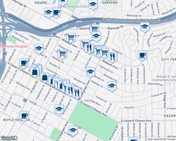 map of restaurants, bars, coffee shops, grocery stores, and more near 2814 Blanchard Street in Los Angeles