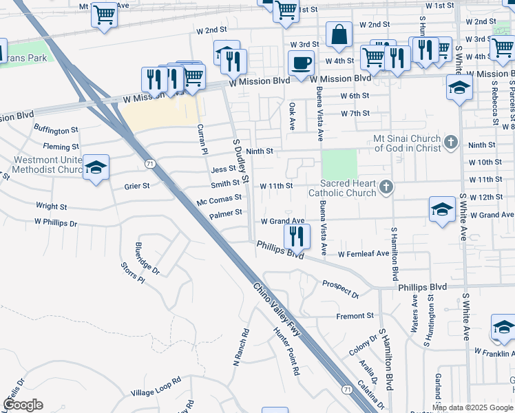 map of restaurants, bars, coffee shops, grocery stores, and more near 1214 Hansen Avenue in Pomona