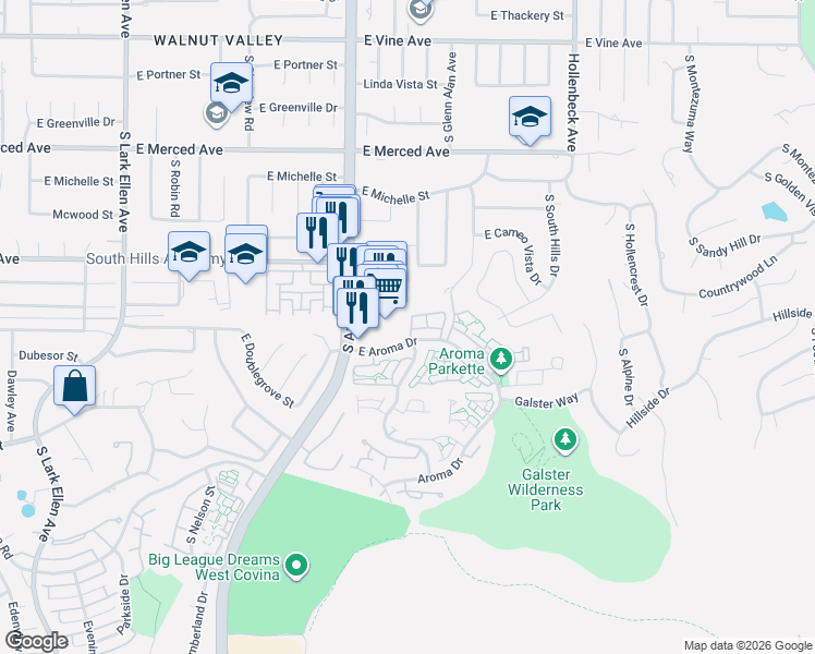 map of restaurants, bars, coffee shops, grocery stores, and more near 1521 Rose Court in West Covina