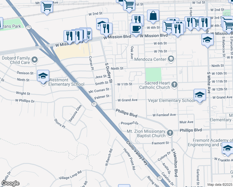 map of restaurants, bars, coffee shops, grocery stores, and more near 1214 Hansen Avenue in Pomona