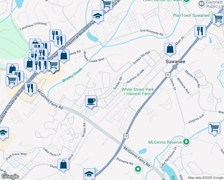 map of restaurants, bars, coffee shops, grocery stores, and more near 843 Scales Road in Suwanee