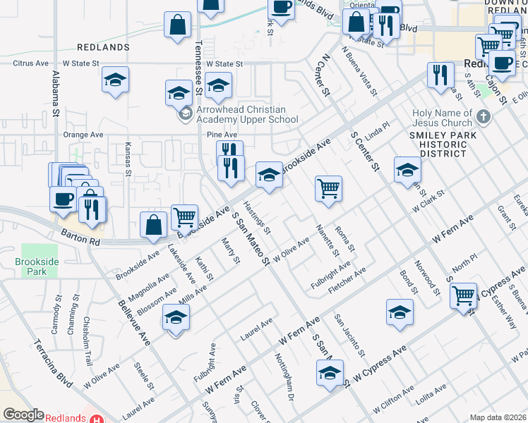 map of restaurants, bars, coffee shops, grocery stores, and more near 11 Hastings Street in Redlands