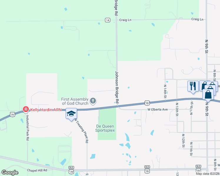 map of restaurants, bars, coffee shops, grocery stores, and more near 100 Long Meadow Drive in De Queen