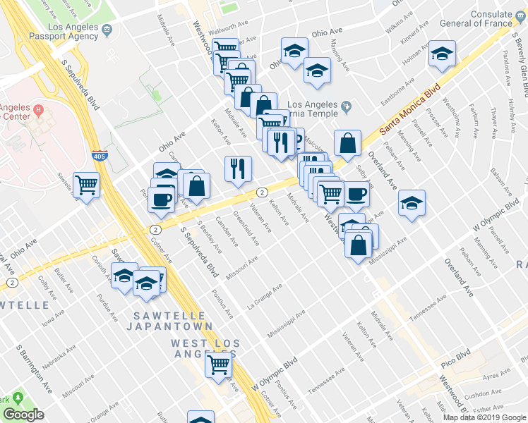 map of restaurants, bars, coffee shops, grocery stores, and more near 1819 Kelton Avenue in Los Angeles