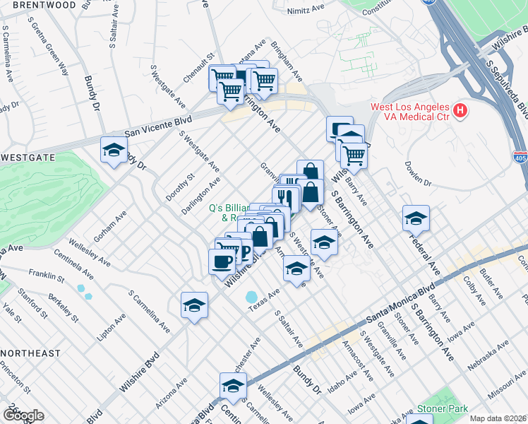 map of restaurants, bars, coffee shops, grocery stores, and more near 11855 Goshen Avenue in Los Angeles