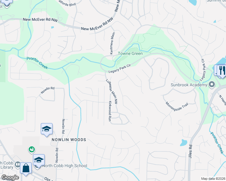 map of restaurants, bars, coffee shops, grocery stores, and more near 3960 Lullwater Main Northwest in Kennesaw