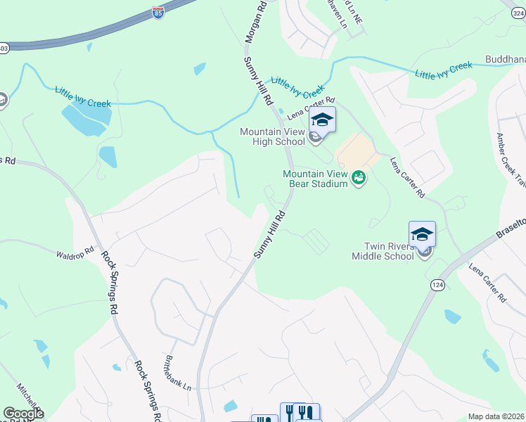 map of restaurants, bars, coffee shops, grocery stores, and more near 2240 Sunny Hill Road in Lawrenceville
